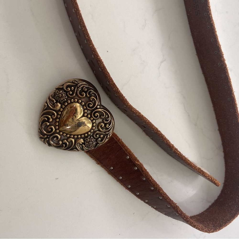 Guess Brown Belt with Ornate Gold Heart Buckle